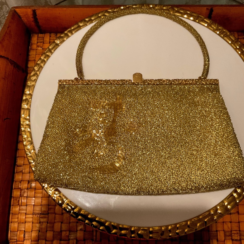 Vintage Gold Hand Made Fully Beaded Fuji Bag